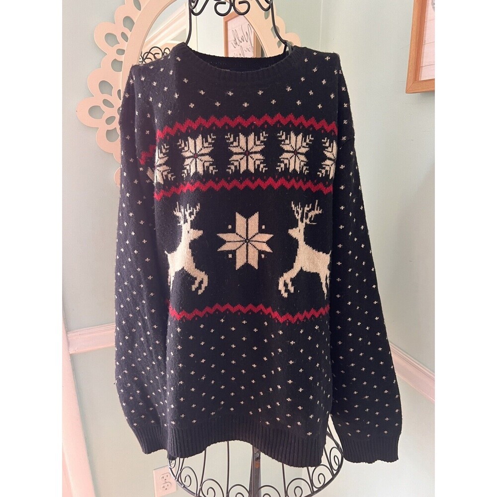 Charter Club‎ Men Sweater Black Red Medium Fair Isle Snowflake Crewneck Wool, XL